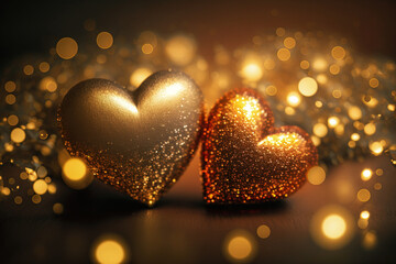 Fototapeta premium valentines day festive background with gold hearts. Generative AI 