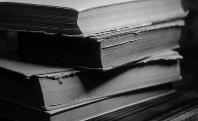 a stack of old books in monochrome photography