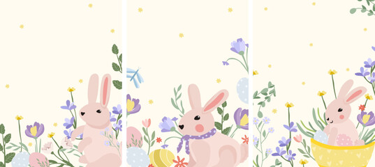 Bright cards with a cute bunny, spring flowers and Easter eggs. Greeting cards with space for your text. Spring flowering. Ideal for banners, cards, posters. Vector illustration.