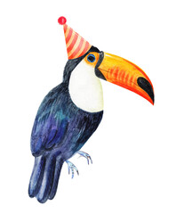 Watercolor toucan in party hat isolated on white