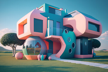 Playful surreal architecture. Super modern extravagant house. generative ai. Surreal modern villa. Futuristic luxury geometric architecture