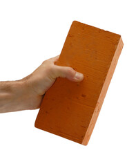 Hand hold a brick isolated on layered transparent background. - 569689244