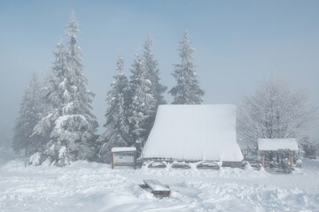 Amazing winter scenery of Tatra Mountains - Rusinowa Polana (Rusinowa Glade) with  shepherd's huts, Tatra National Park, Poland © Iwona