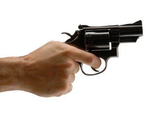 Hand holding revolver gun isolated on transparent layered background.