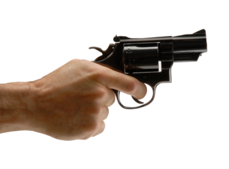 Hand holding revolver gun isolated on transparent layered background.