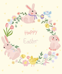 Happy Easter, greeting card with a wreath of bright flowers, eggs, cute rabbit, chickens. Spring flowers. Concept of holiday, joy, happiness. Ideal for banners, cards, posters, stickers. Vector