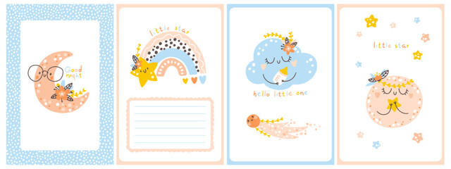 Baby shower boho template set. Vertical cards with rainbows, flowers, inscriptions. Cute hand drawn illustrations in a simple cartoon doodle style in a limited edition gender neutral palette. © Svitlana Kharchuk