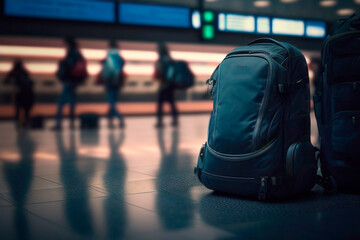 Generative AI, a filled tourist backpack is on the floor of the airport, packed in a backpack before traveling.