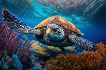 Colorful illustration of a sea turtle swimming over coral reefs