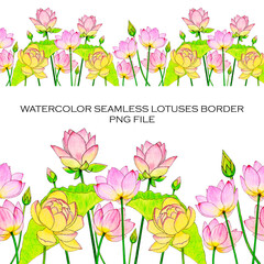 Trendy abstract seamless border with pink lotuses, buds, painted with watercolor pencils on white. Suitable for fabrics, prints, postcards, invitations, banners design, internet ads and more
