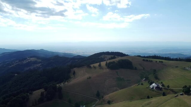 Drone flight over Black Forest Germany with Vosges France in a distance 