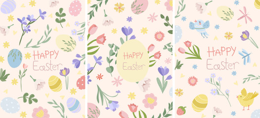 Easter greeting card with colorful, bright Easter eggs, bird, spring flowers and leaves. Bright illustrations are ideal for banners, cards, posters, stickers. Vector illustration.