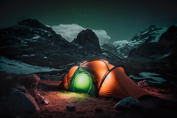 Camping in the wilderness. A pitched tent with snowy mountains in the background. Generative AI