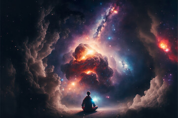 Obraz na płótnie Canvas Meditation transcending human existence. Surreal illustration. Created by Generative Al.