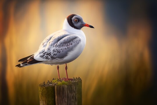 There's a black-headed gull (chroicocephalus ridibundus) sitting on a metal post out of focus. Generative AI