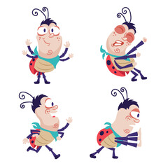 Cartoon ladybug vector set isolated on white background. Cute ladybug in flat style. Symbols funny insects and beetles. Happy ladybug play, run, wave, push and pull