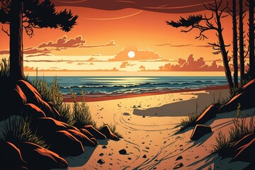 View of the Baltic Sea Beach at Sunset. Generative AI