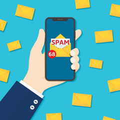 Spamming mailbox concept, a lot of emails on the screen of a smartphone. Email box hacking, spam warning. Flat vector Illustration - obrazy, fototapety, plakaty