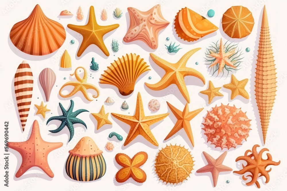 Poster isolated starfish and seashell collection on a white background. generative ai