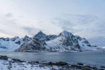 Fototapeta na wymiar Natural landscapes of the fjord and sea in winter in Lofoten Islands, Norway