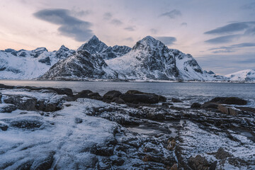 Natural landscapes of the fjord and sea in winter in Lofoten Islands, Norway