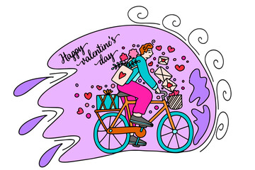 A cyclist delivers love letters and gifts. Congratulations on Valentine's Day and March 8th. This is a vector picture in the style of a comic book