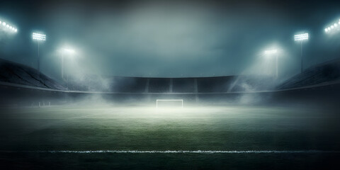 Fototapeta na wymiar Soccer Football Field Stadium at night with spotlights and fog on stage, Illustration generativ ai 