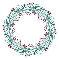 Fototapeta na wymiar christmas wreath illustration. beautiful round christmas wreath. frame. border. place for text. circle. leaves. holiday. pattern. decoration. postcard. leaves and flowers.