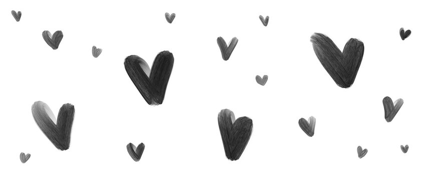 black and white background with inked hearts on transparent background