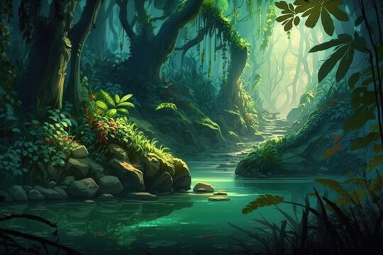 of producing a background of shimmering light with a vivid rainforest dream. lovely HD nature wallpaper. Generative AI