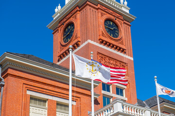 Flag of Rhode Island State in front of Warwick City Hall at 3275 Post Road in village of Apponaug,...