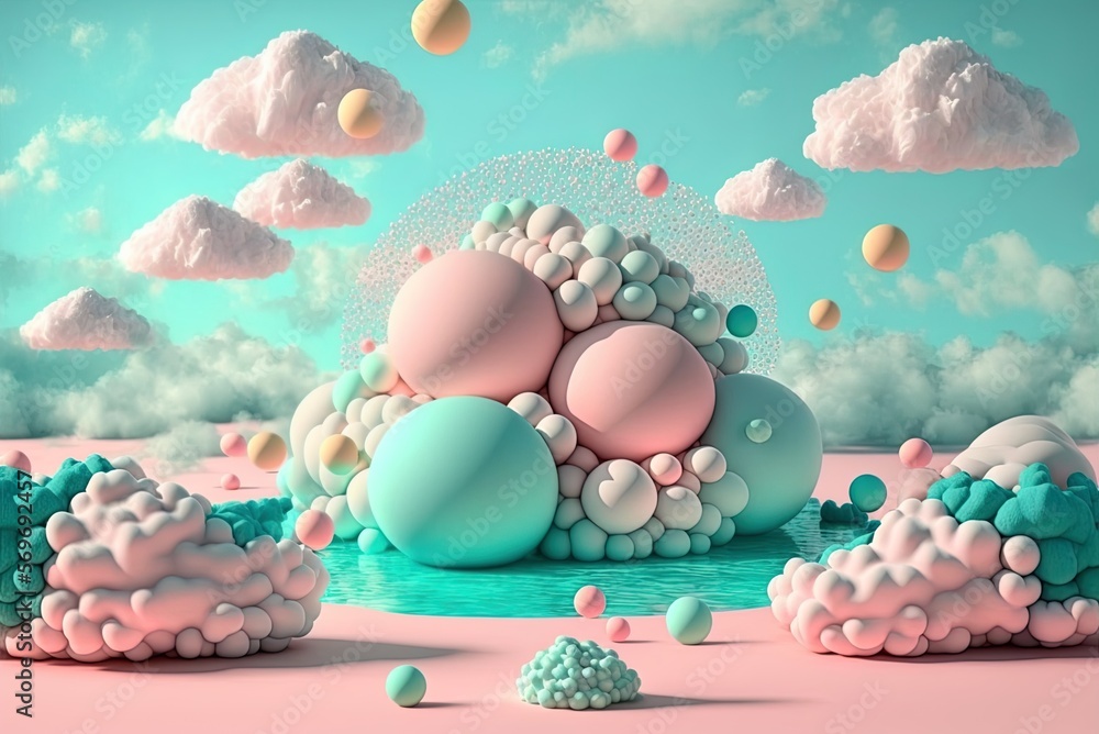 Aufkleber soaps in pastel colors shown as balls the sky is filled with floating bubbles, blobs of color, and a