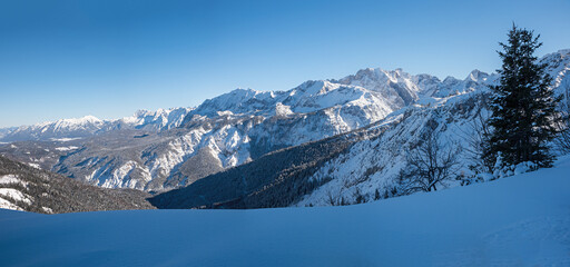 bavarian alps in winter, Wettersteingebirge snow covered. view to the range and valley