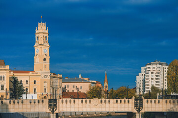 Discover the beauty of Oradea, Romania with this stunning cityscape photo. The towering buildings and bustling city center create a dynamic scene that is perfect for businesses and tourism industries