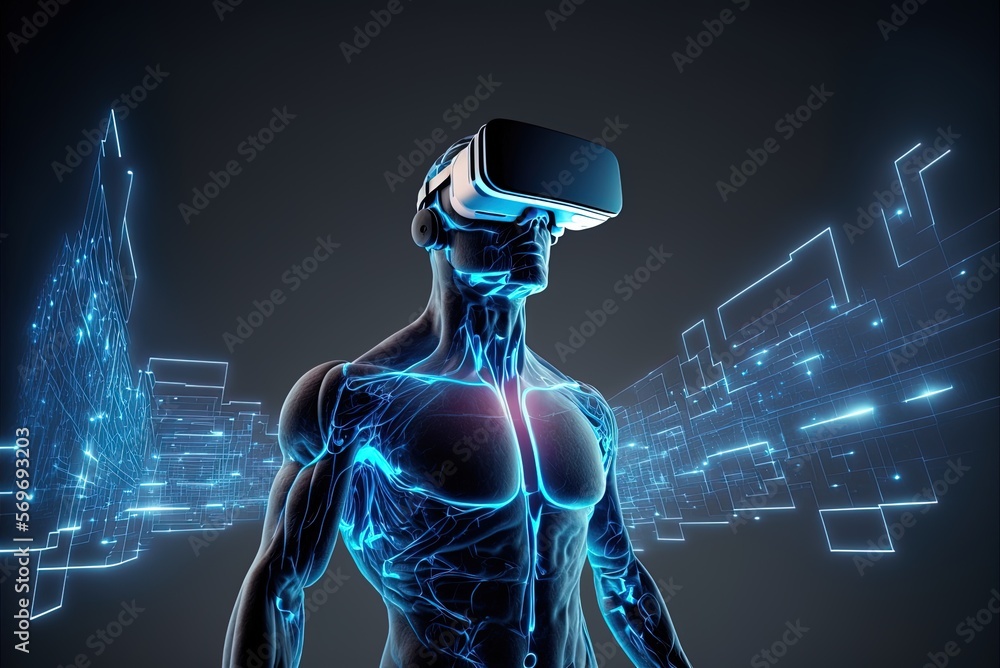 Poster visualization of a simulated person using a virtual reality headset, placed against a modern technol