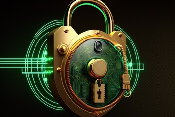 Super technological padlock with circuits, data security concept, background. Generative AI