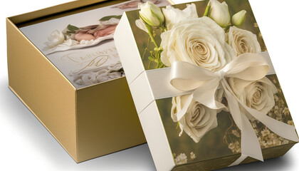 a golden gift box with white roses and a bow