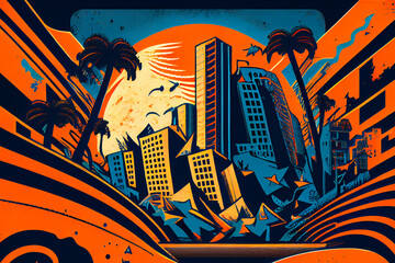 A natural disaster. Earthquake in city damage buildings and road. AI generative illustration