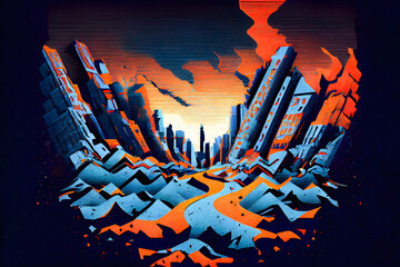A natural disaster. Earthquake in city damage buildings and road. AI generative illustration