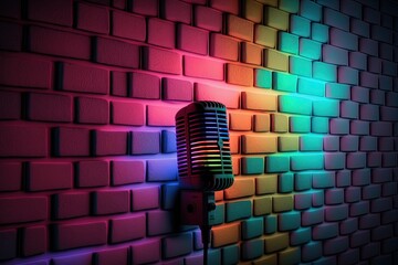 Fototapeta na wymiar Colorful studio microphone, gradient bricks wall background, podcast. Generative AI