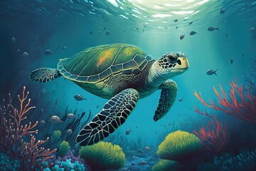 Obraz premium swimming in blue water with a sea turtle. Cute sea turtle swimming in a tropical sea's clear water. picture of a green turtle underwater. Wild marine life in its native habitat. coral reef species tha
