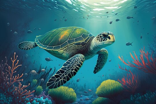 swimming in blue water with a sea turtle. Cute sea turtle swimming in a tropical sea's clear water. picture of a green turtle underwater. Wild marine life in its native habitat. coral reef species tha
