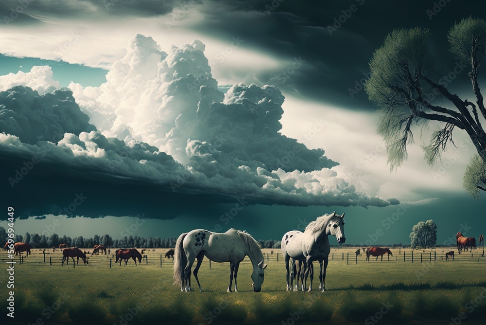 Poster hazy meadow with grazing horses generative ai