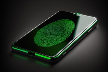 Cell phone with green fingerprint on screen, background. Generative AI