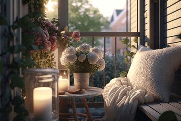 A cozy seating area on the balcony with a comfortable chair, table, candles and flower pots. AI generated - obrazy, fototapety, plakaty