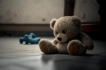 Sad lonely teddy bear lying on the floor symbol of abuse