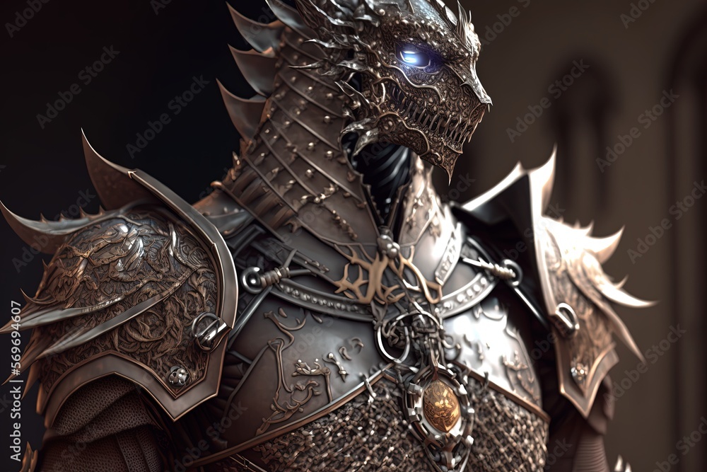 Wall mural Medieval dragon knight in golden armor. Generative AI