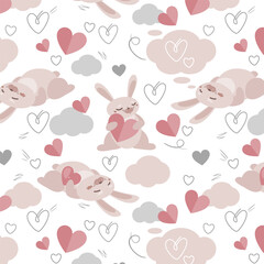 Vector seamless pattern of many little cute sleeping bunnies holding hearts in hands, dream clouds, linear signs. Loving rabbit. Valentine's Day celebration. Cute baby print. Romantic layout design.