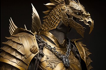 Medieval dragon knight in golden armor. Generative AI