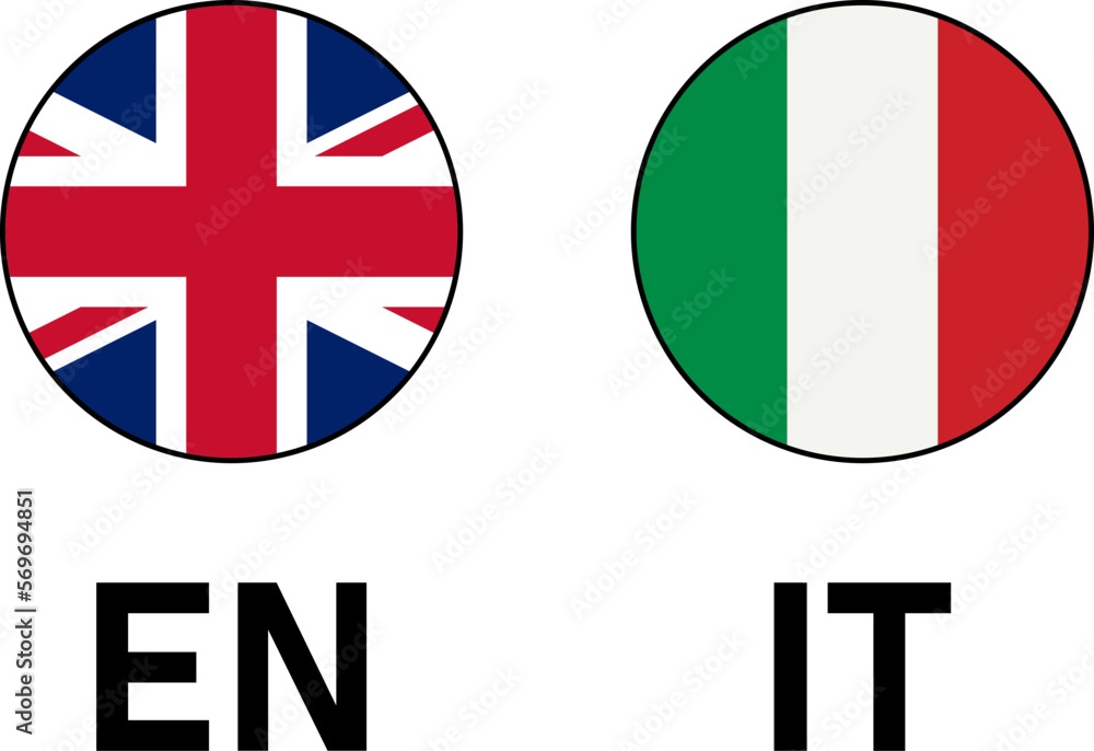 Poster round flag selection button badge with thin black outline contour icon set with uk and italy flags w